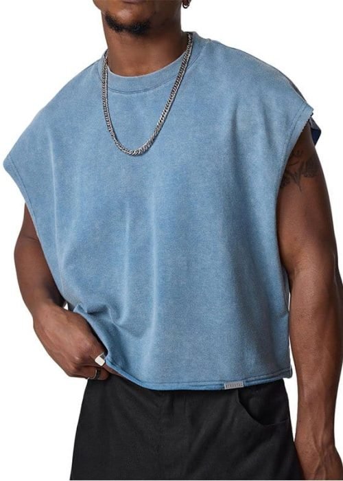 Blue Cropped Muscle Tee Distressed Graphic (2)
