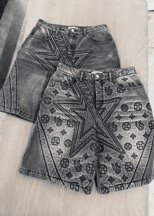 Embellished Acid Wash Denim Shorts