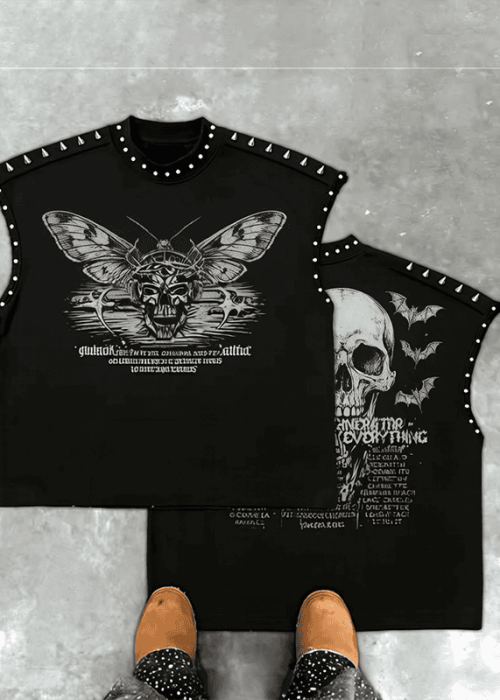 Studded Sleeveless T-Shirt Gothic Graphic (1)